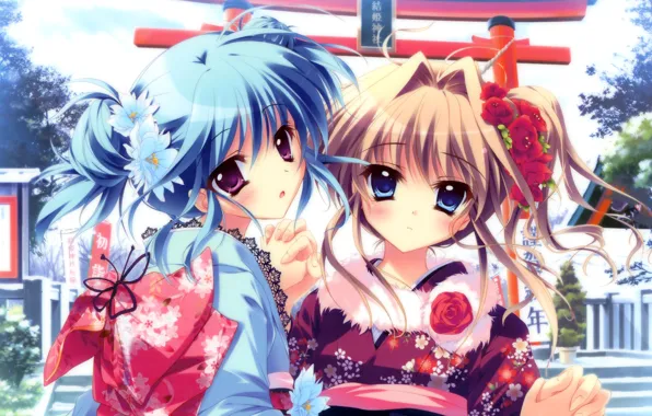 Flowers, girls, kimono, red hair, blue hair