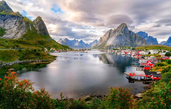 The sky, clouds, mountains, rocks, shore, dal, Norway, houses