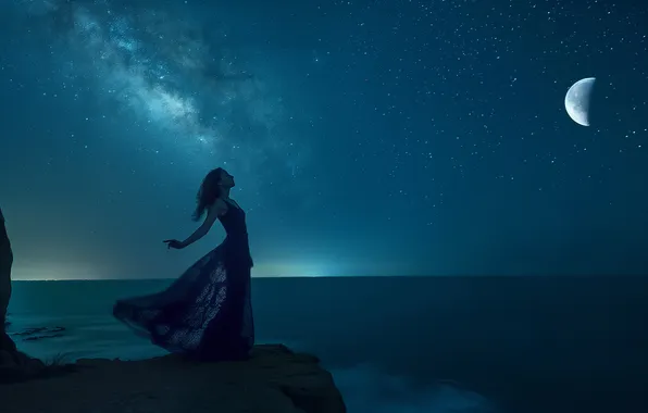 Girl, night, nature, pose, rock, the moon, shore, dress