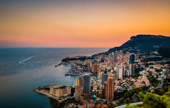 Sea, sunset, mountains, building, panorama, Monaco, hotels