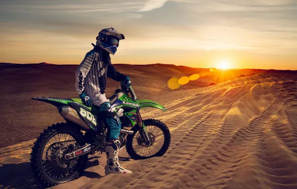 Picture sunset, motorcycle, sand, dunes