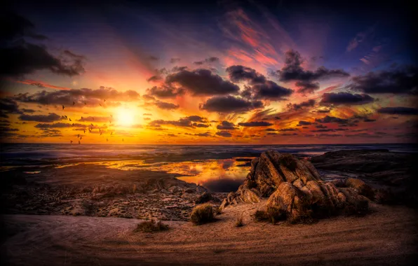 The sky, clouds, lake, dawn