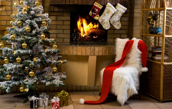 Holiday, tree, Christmas, glasses, gifts, fireplace, champagne