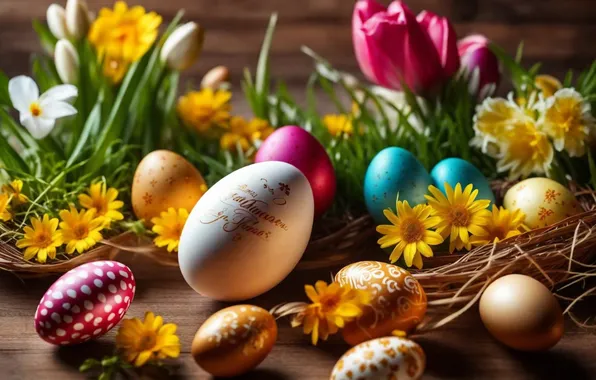 Flowers, eggs, spring, colorful, Easter, happy, flowers, spring