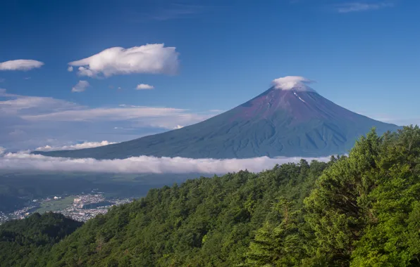 Picture the sky, clouds, trees, landscape, mountain, Japan, Fuji