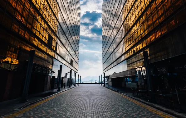 Road, the sky, the city, reflection, building, skyscrapers, glass
