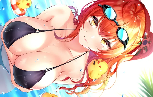 Girl, sexy, wet, cleavage, red hair, long hair, boobs, anime