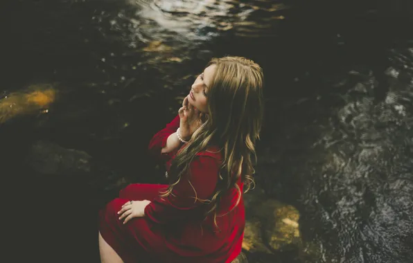 Picture water, girl, red, dress, sitting