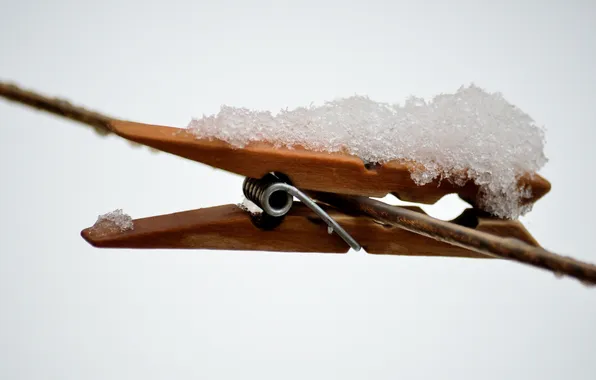 Macro, snow, background, rope, clothespin