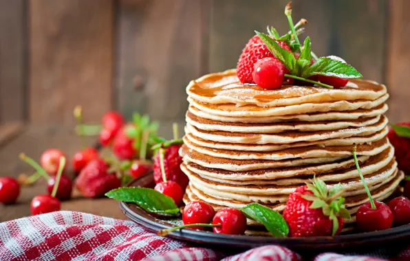 Cherry, berries, Board, towel, strawberry, stack, pancakes, mint