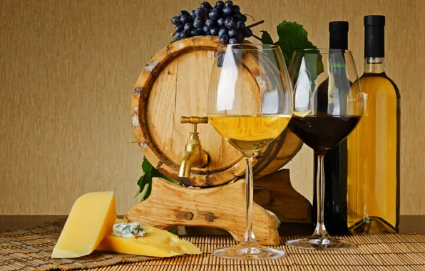 Wine, red, white, crane, cheese, glasses, grapes, bottle