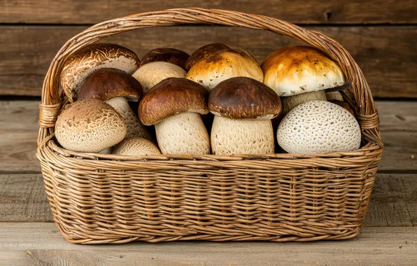 Mushrooms, Board, basket, different, mushrooms, AI art, neural network