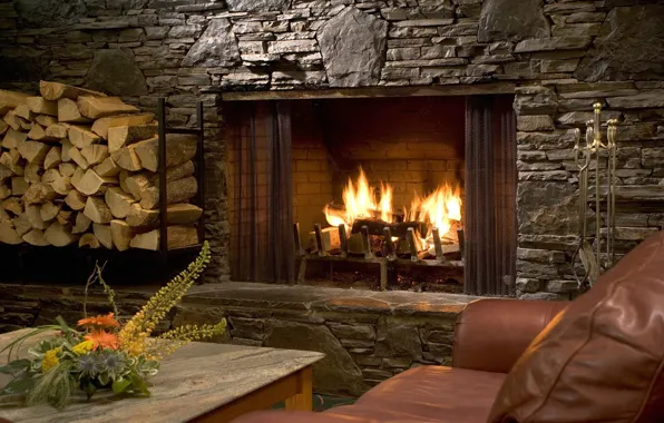 Table, sofa, flame, wood, flame, fireplace, sofa, table