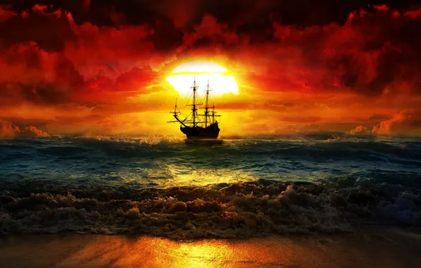Picture sea, sunset, ship, glow