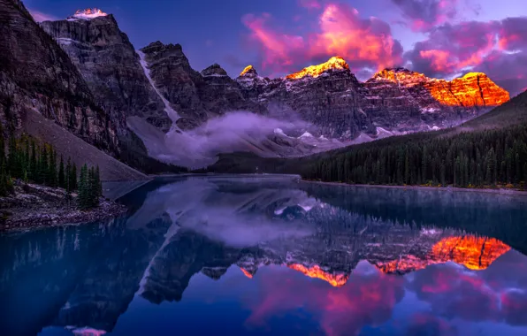 Mountains, lake, reflection, dawn, morning, Canada, Albert, Banff National Park