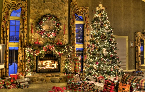 Picture house, mood, holiday, toys, tree, gifts, New year, fireplace