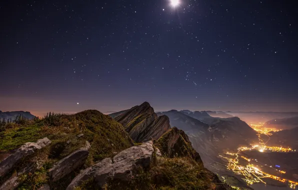 Clouds, mountains, night, lights, height, valley