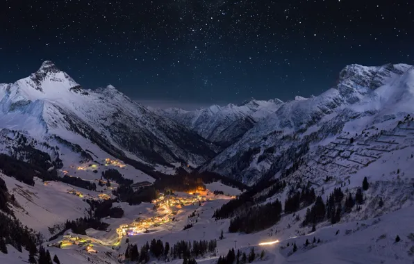 Picture winter, the sky, stars, light, snow, mountains, night, town