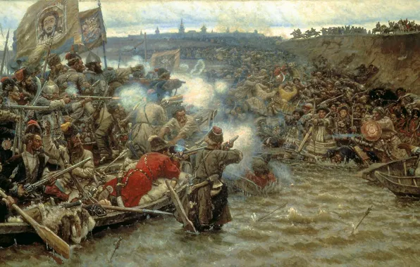 Water, river, smoke, boats, flags, guns, history, Surikov
