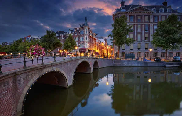 Picture trees, bridge, reflection, building, Amsterdam, channel, Netherlands, promenade