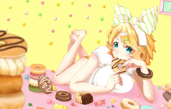 Girl, headphones, art, sweets, donuts, candy, vocaloid, bow