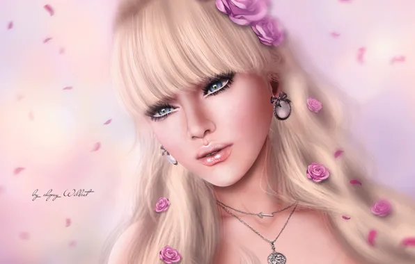 Girl, face, portrait, roses, blonde