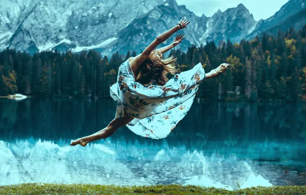 Forest, grass, girl, trees, landscape, mountains, pose, lake