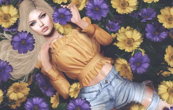 Picture girl, flowers, blonde