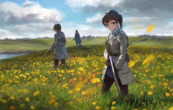 Picture flowers, weapons, girls, meadow, soldiers