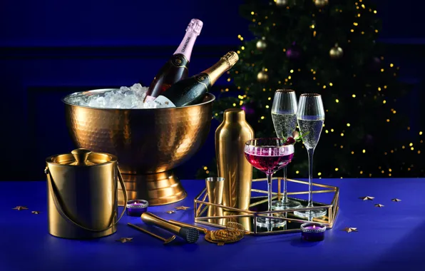 Picture house, table, tree, new year, candle, New Year, glasses, Holiday