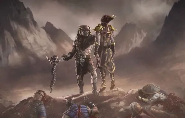 Mountains, skull, Predator, Predator, Raiden, Shinnok, Johnny cage, Sub zero