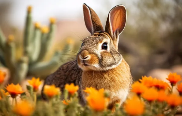 Summer, look, flowers, hare, portrait, rabbit, face, grey with red