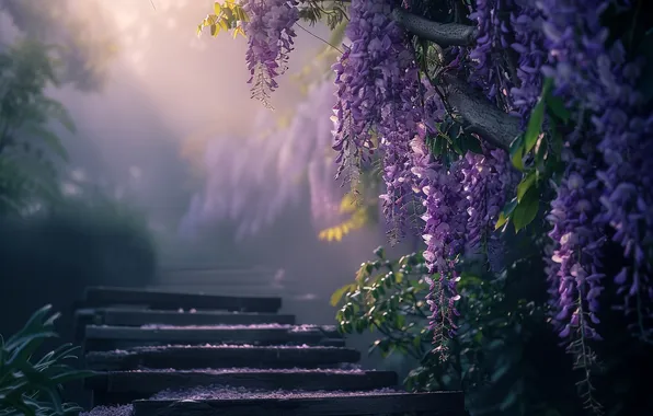 Rays, light, flowers, fog, Park, garden, ladder, stage