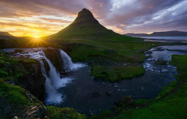 The sun, waterfalls, Iceland, Kirkjufellsfoss, mountain Kirkjufell