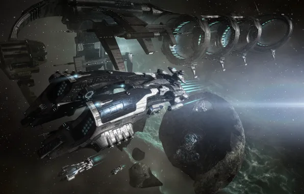 Nebula, station, asteroids, Space, space, ruins, the gates, spaceship