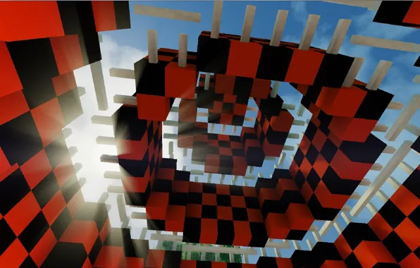 The sky, the sun, rays, tree, structure, arch, Minecraft