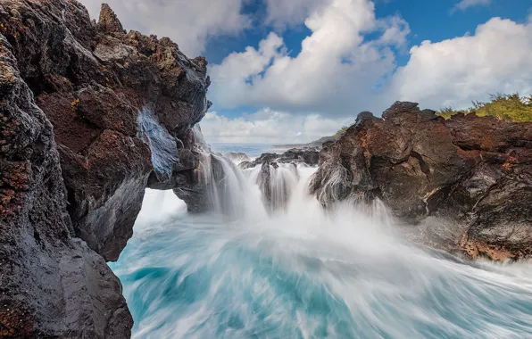 The ocean, rocks, coast, waterfall, The Indian ocean, Indian Ocean, Reunion Island, Reunion Island
