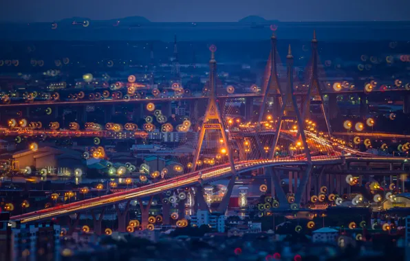 Night, lights, the evening, Thailand, connects southern Bangkok and Samut Prakan province, bridge Dipangkorn Rasmijoti, …