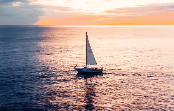 Sunset, the ocean, boat, ship, the evening, yacht, horizon, silhouette