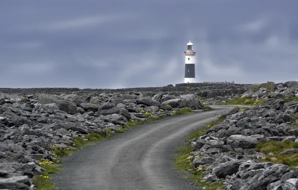 Road, stones, lighthouse, Ireland, Aran Islands