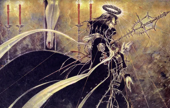 Lights, blood, cross, candles, rod, trinity blood, halo, the crucifixion
