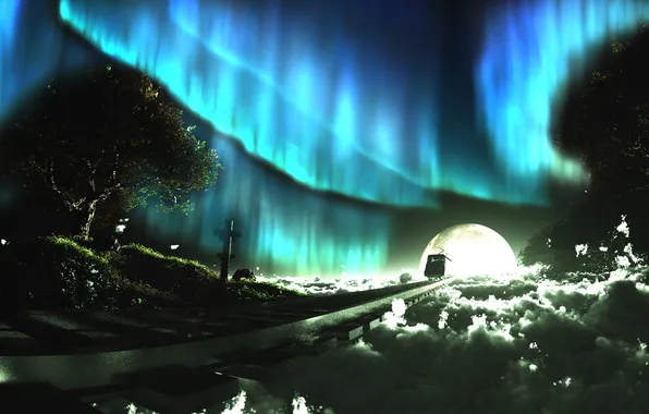 The sky, clouds, trees, the moon, train, cross, Northern lights, art