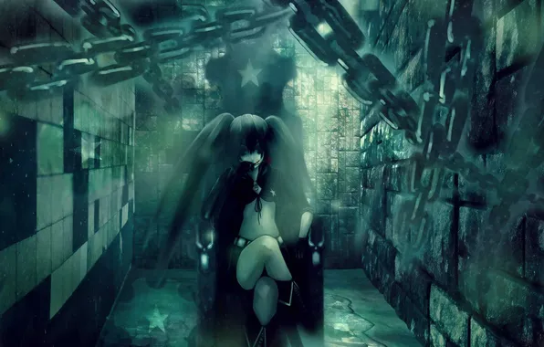 Picture stars, wall, Girl, chair, chain, black rock shooter