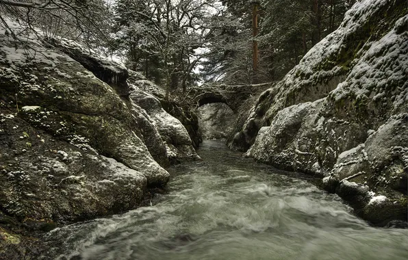Snow, bridge, Park, river, stream, Spain