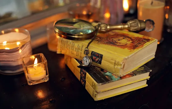 Picture candles, table, clock, miscellanea, magnifying glass, Books, pocket watch