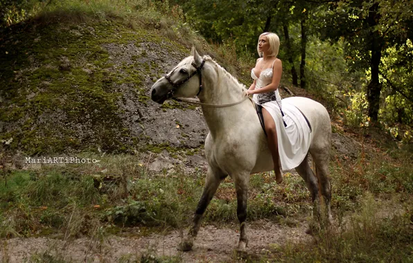 Blonde, white dress, white horse, girl on horse