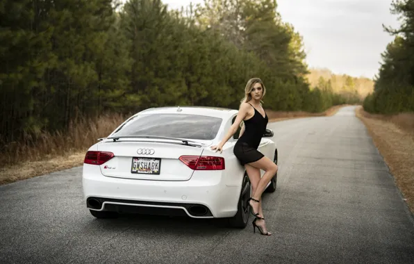 Road, girl, Audi, beautiful girl, white car, posing on the car