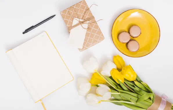 Gift, bouquet, tulips, Notepad, macaron