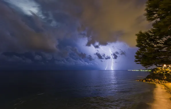 Sea, the storm, wave, the sky, landscape, night, clouds, storm