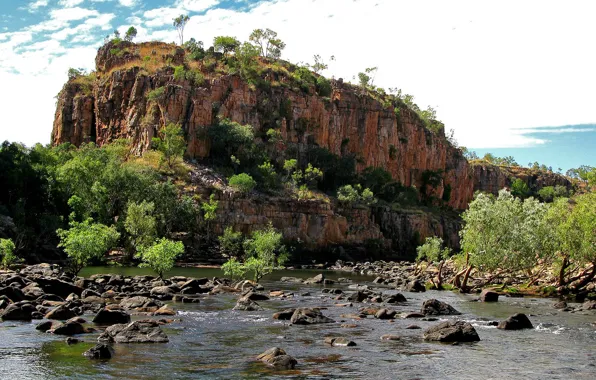 The sky, clouds, trees, lake, river, stones, rocks